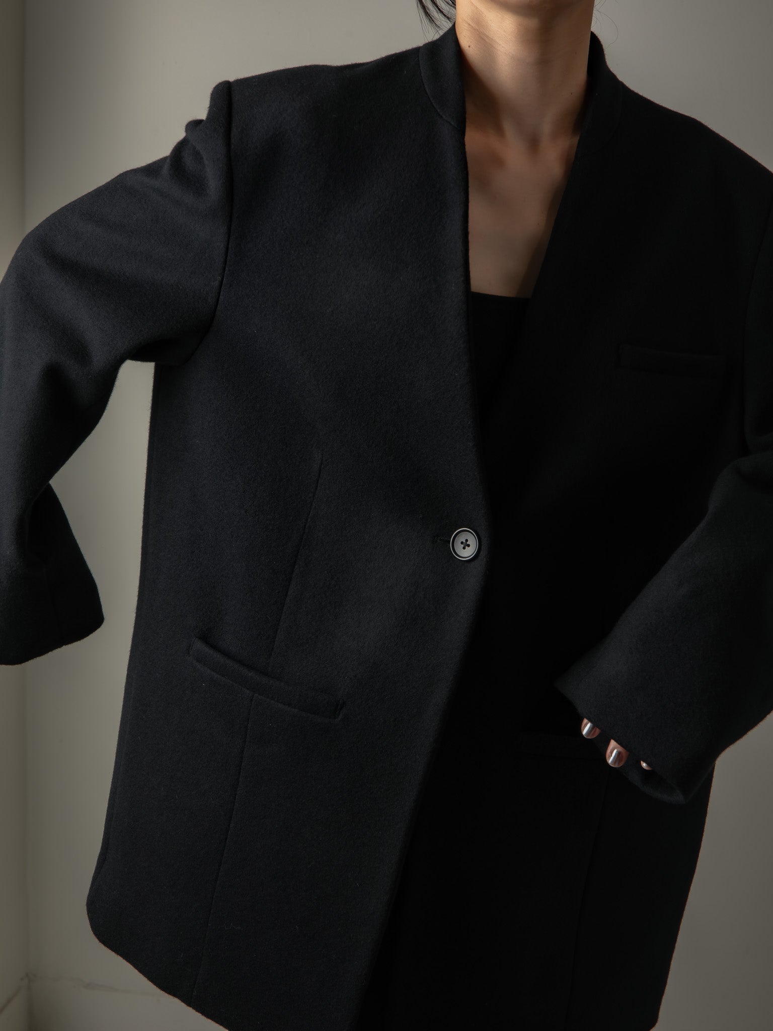 Collarless Jacket Coat-Black