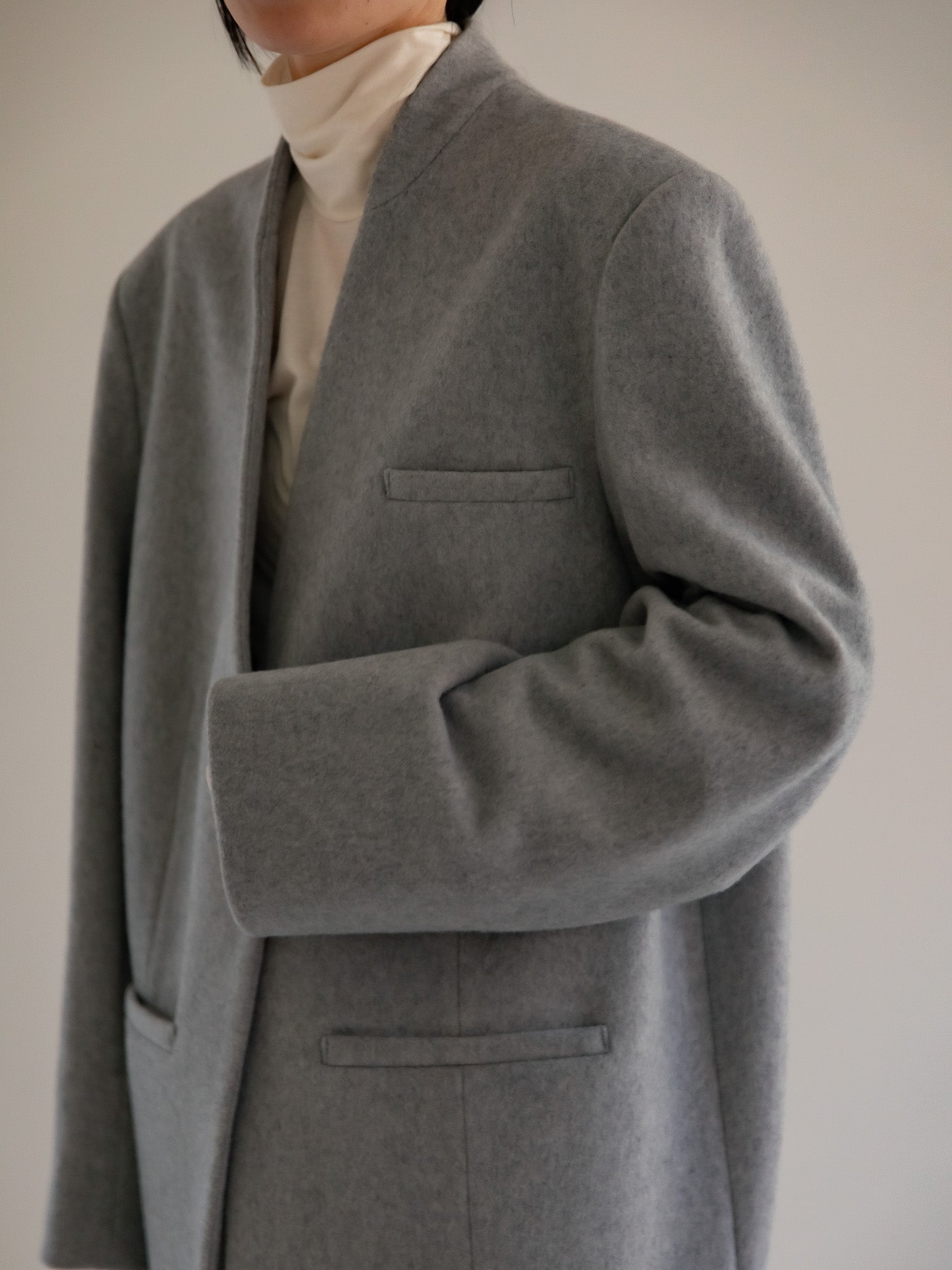 Collarless Jacket Coat-LT gray – digne.online