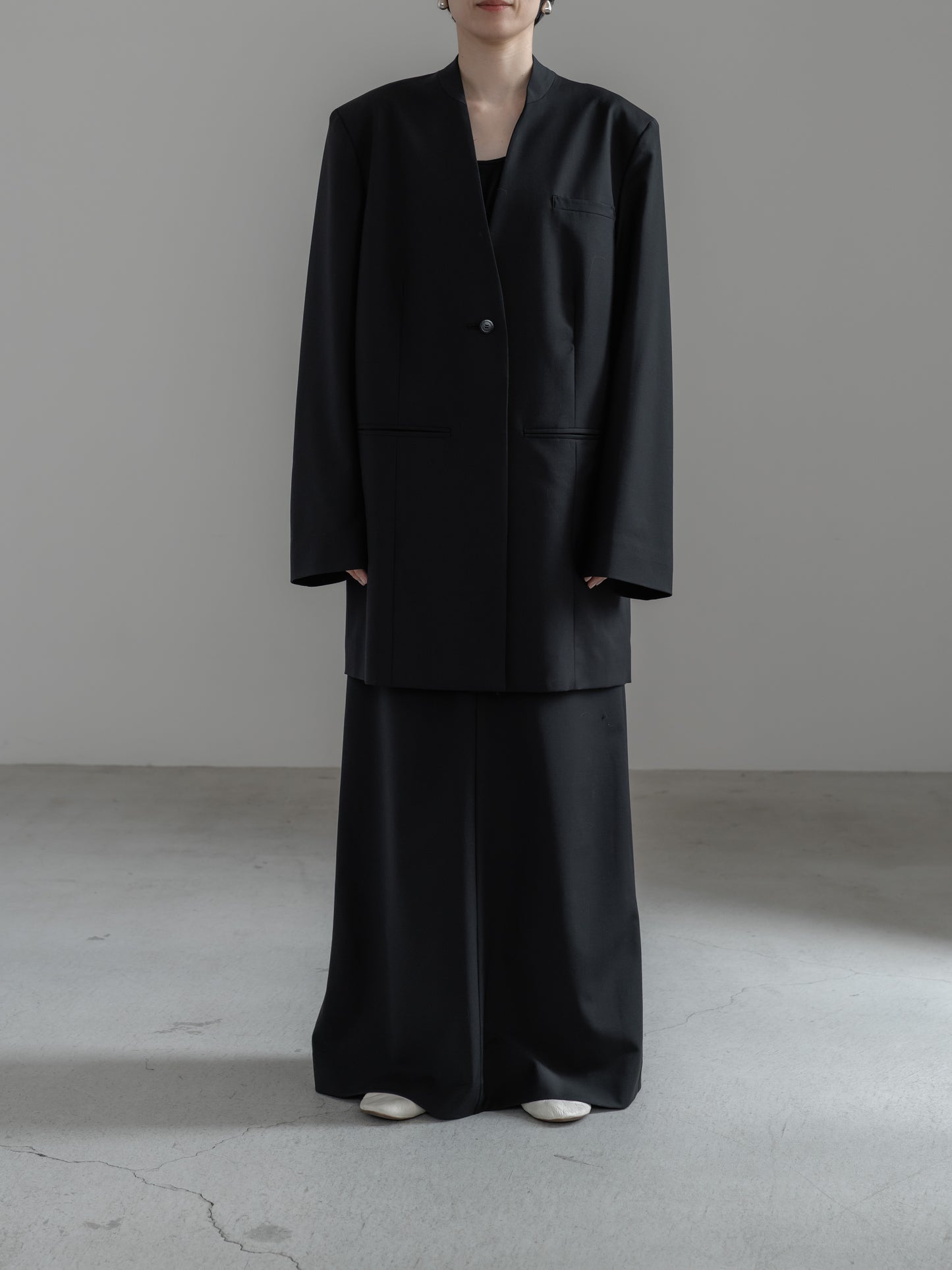 【pre order】collarless long jacket (charcoal gray / black)