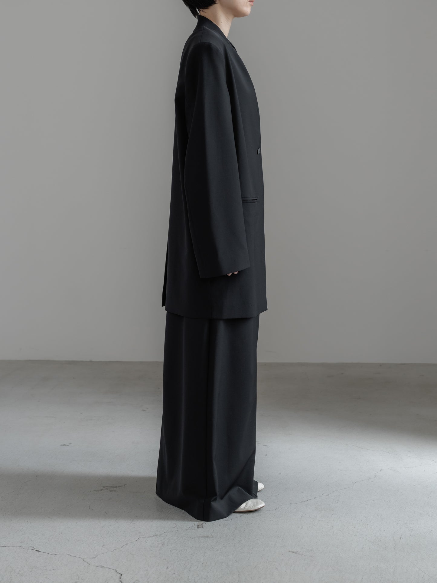 【pre order】collarless long jacket (charcoal gray / black)