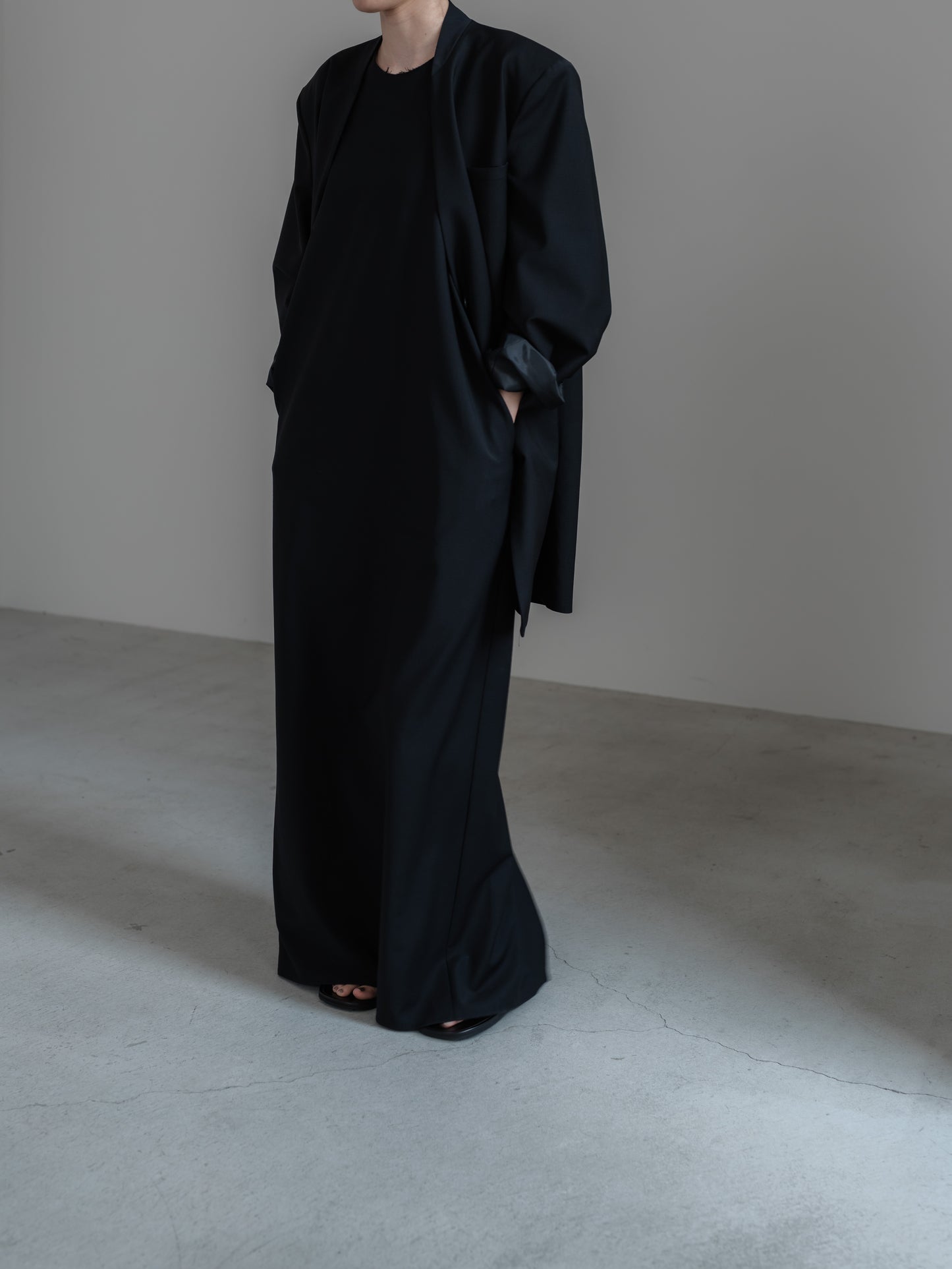【pre order】collarless long jacket (gray / black)